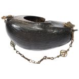 IMPRESSIVE COCO DE MER KASHKOOL 19TH CENTURY with a fitted metal chain and mounts 28cm long