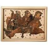 LARGE JAPANESE EMBROIDERED PANEL 18TH / 19TH CENTURY depicting seated figures leisurely pursuits,