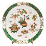 FAMILLE VERTE PLATE QING DYNASTY, 19TH CENTURY painted with auspicious items, Tongzhi red seal