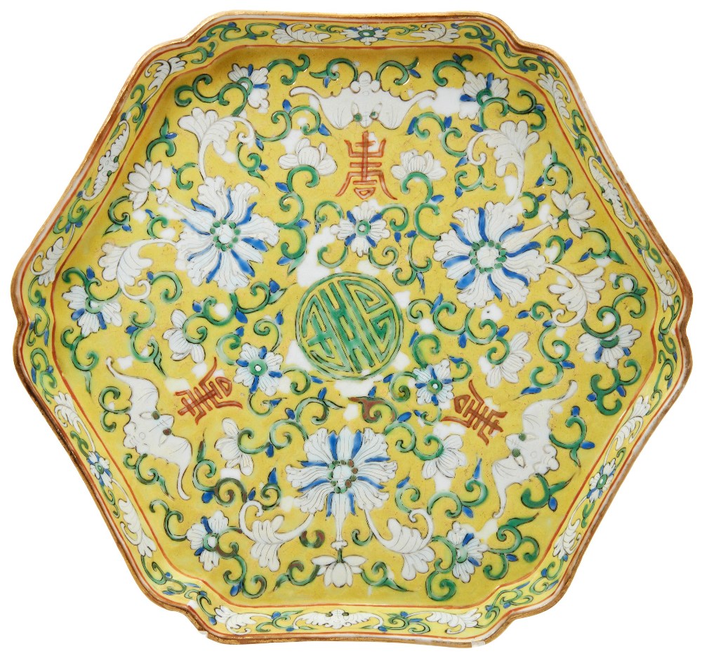 FAMILLE ROSE YELLOW-GROUND HEXAGONAL DISH GUANGXU PERIOD painted with flower blossoms, bats,
