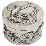 CHINESE EXPORT SILVER 'DRAGON' BOX WANG HING, HONG KONG, CIRCA 1900 the circular box decorated in