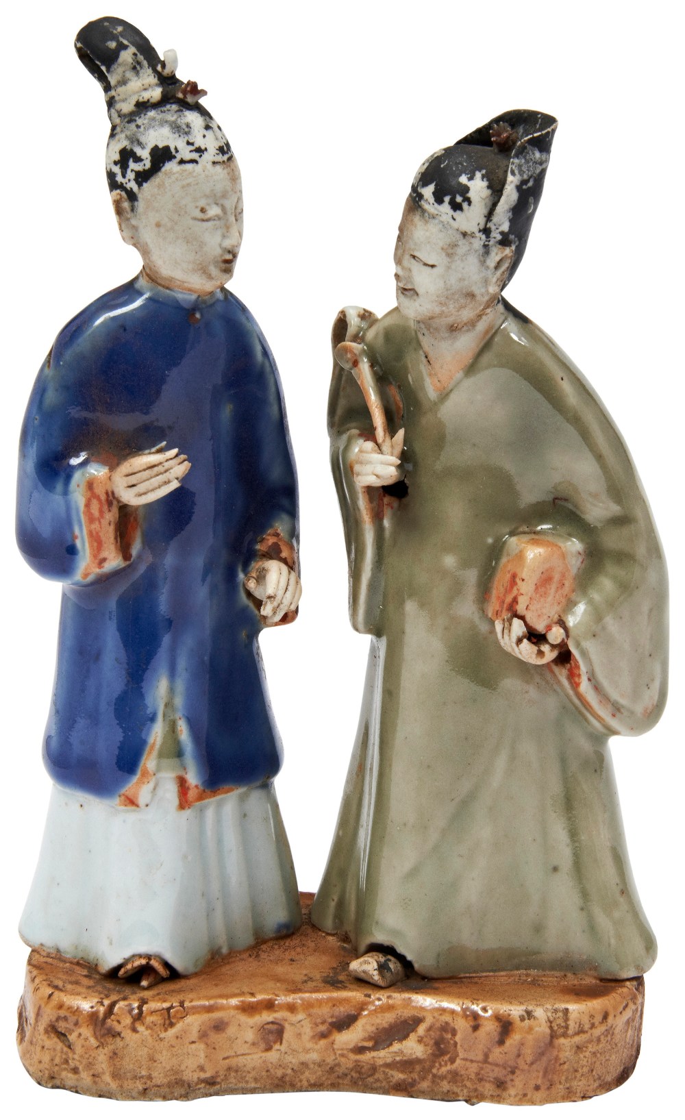 BLUE AND CELADON-GLAZED GROUP QIANLONG PERIOD (1736-1795) modelled standing wearing long flowing