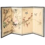 GOOD CHINESE FOUR FOLD SCREEN QING DYNASTY, 19TH CENTURY the panels painted with birds amidst a