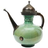 UNUSUAL SAFAVID GREEN-GLAZED EWER 17TH / 18TH CENTURY with later 19th century metal mounts, the