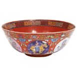 CORAL-GROUND 'IMMORTALS' BOWL QING DYNASTY, 19TH CENTURY brightly enamelled around the exterior with