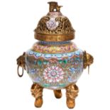 CANTON ENAMEL 'LOTUS' TRIPOD CENSER AND COVER QING DYNASTY, 19TH CENTURY the pierced gilt-metal