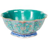 TURQUOISE-GROUND FAMILLE ROSE BOWL XIANFENG SSEAL MARK AND OF THE PERIOD  of lobed form decorated in