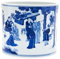 LARGE BLUE & WHITE BRUSH POT JIAJING SIX CHARACTER MARK, 20TH CENTURY the sides finely painted in