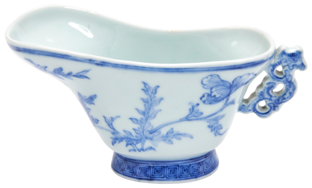 FINE BLUE AND WHITE LIBATION CUP QIANLONG SEAL MARK AND PROBABLY OF THE PERIOD the sides finely