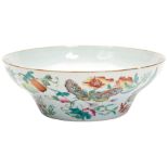 FAMILLE ROSE BOWL JIAQING SEAL MARK, 19TH CENTURY the interior painted with a fruit and bats