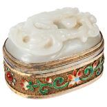 CARVED WHITE JADE, SILVER AND ENAMELLED TRINKET BOX LATE QING / REPUBLIC PERIOD  the oval white jade