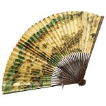 PAINTED FAN BY LATE QING DYNASTY painted with scene depicting a fortress, fisherman and a village