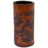 CARVED BAMBOO BRUSH POT REPUBLIC PERIOD the cylindrical sides carved in low relief with fishermen,