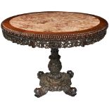 FINE CARVED HUANGHUALI MARBLE INSET CIRCULAR TABLE QING DYNASTY, 19TH CENTURY the circular top