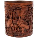 FINE CARVED BAMBOO BRUSHPOT QING DYNASTY, BY SHI CHENGZHI  the sides finely in relief with