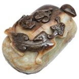 FINE CARVED JADE TURTLE AND CHILONG GROUP MING DYNASTY depicting two chilongs on the back of a