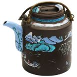 YIXING ENAMELLED TEAPOT AND COVER REPUBLIC PERIOD the cylindrical sides decorated in coloured