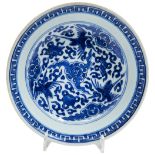 BLUE AND WHITE 'FLYING-CRANES' DISH KANGXI SIX CHARACTER MARK AND OF THE PERIOD  painted in tones of