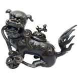 BRONZE BUDDHIST LION CENSER AND COVER 17TH CENTURY cast seated on it hind legs with mouth open
