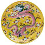 LARGE YELLOW-GROUND FAMILLE ROSE 'DRAGON' DISH QING DYNASTY, 19TH CENTURY painted in brightly