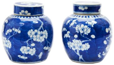 SMALL PAIR OF BLUE AND WHITE 'PRUNUS AND CRACKED -ICE' GINGER JARS QING DYNASTY