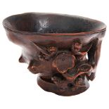 SMALL BAMBOO 'PRUNUS' LIBATION CUP 17TH / 18TH CENTURY naturalistically carved with blossoming