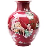 LARGE RUBY-RED GROUND FAMILLE ROSE 'SCHOLAR AND BOYS' VASE  REPUBLIC PERIOD the baluster sides