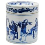 BLUE AND WHITE 'MUSICIANS' COVERED JAR  QING DYNASTY, 19TH CENTURY the cylindrical sides and cover
