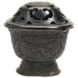 BRONZE LIBATION CUP WITH HARDWOOD COVER MING DYNASTY, 16TH / 17TH CENTURY the sides decorated in