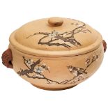 YIXING POTTERY COVERED RICE POT LATE QING / REPUBLIC PERIOD the sides craved with magpies perched in