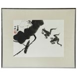 CHINESE SCHOOL (20TH CENTURY) FROGS AND LILY ink on paper, framed 33cm x 45cm