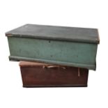 A GREEN PAINTED PINE BLANKET BOX AND ONE OTHER PINE BLANKET BOX, the painted box with a plank top
