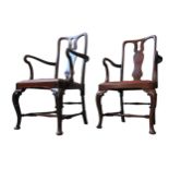 A PAIR OF EARLY 20TH CENTURY MAHOGANY ELBOW CHAIRS, with pierced shaped splats and cabriole legs,