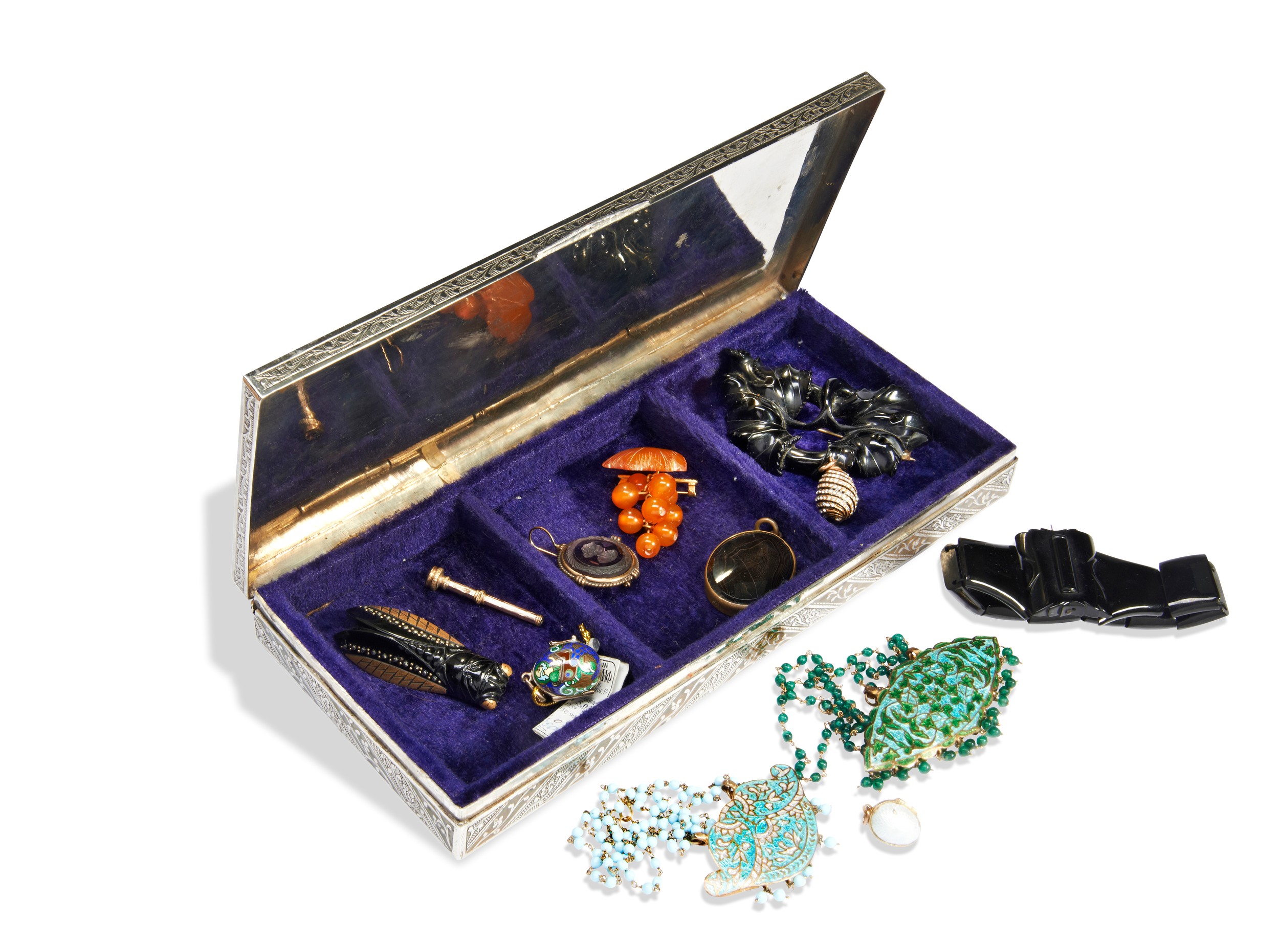 A COLLECTION OF JEWELLERY Including a deco marcasite set black cicada brooch, a jet leaf brooch