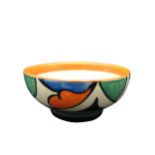A CLARICE CLIFF 'BIZARRE' HAND PAINTED BOWL, in orange, green and blue tones, the base stamped