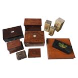 A VICTORIAN WALNUT SEWING BOX, A SMALL ROSEWOOD INSTRUMENT BOX AND VARIOUS OTHER BOXES. A lot. 12