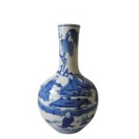 CHINESE BLUE AND WHITE BOTTLE VASE the sides painted intones of underglaze blue with scholars and