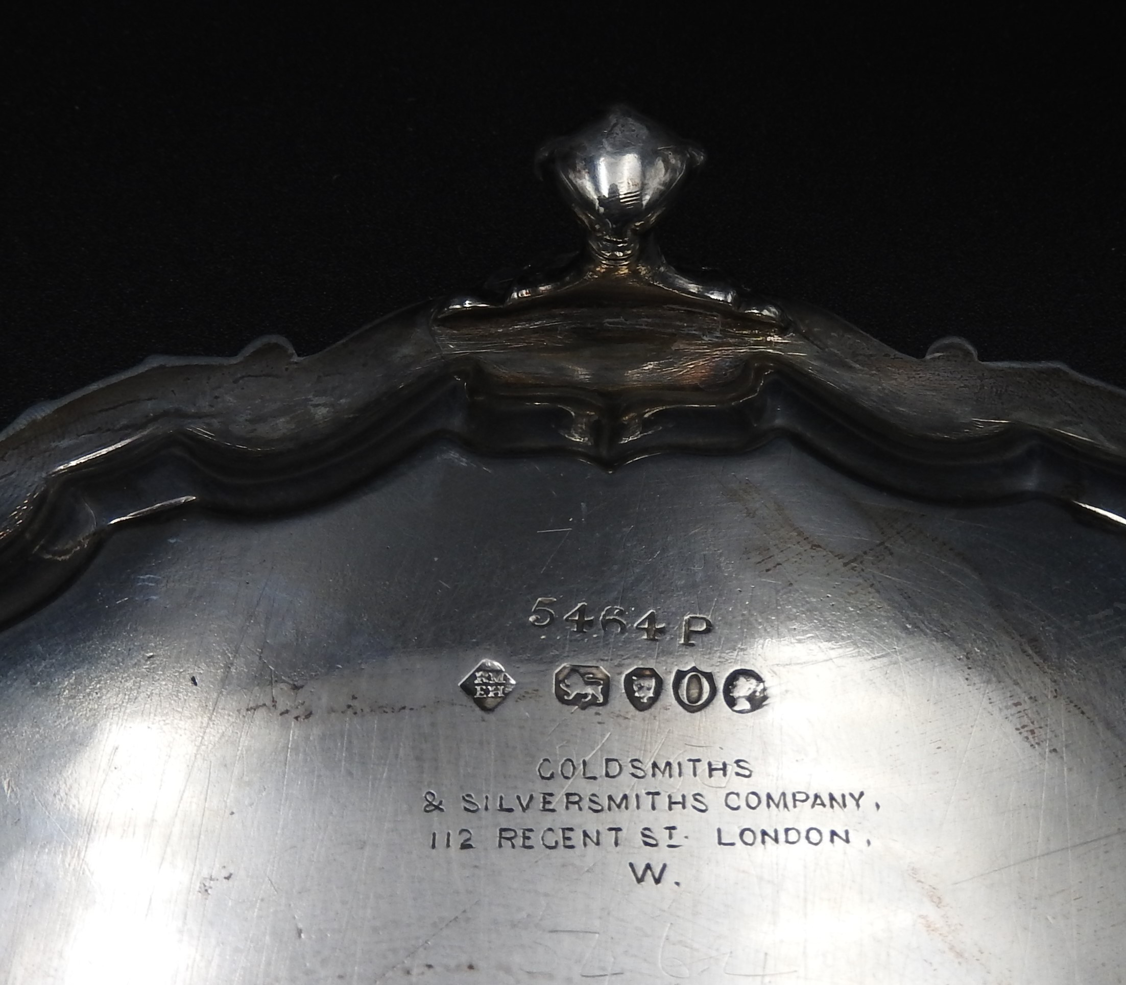 A SILVER SALVER, with Acanthus shell-scroll border, on three claw feet, London 1889, maker's stamp - Image 3 of 3