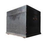 A VINTAGE STAINED PINE ZINC LINED STORAGE CHEST, with brass handles, 53 x 64 x 49 cm