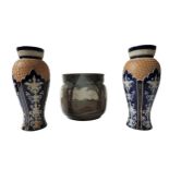 A PAIR OF DOULTON LAMBETH BALUSTER VASES, cobalt blue glaze with gilt stippling and applied