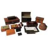 A VICTORIAN LEATHER COVERED DOME-TOPPED STATIONERY BOX, a porcupine quill basket and various other