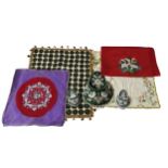 A PAIR OF VICTORIAN BEADWORK CUSHION OR UPHOLSTERY ROUNDELS, A WOOLWORK CUHSION COVER,  a beadwork