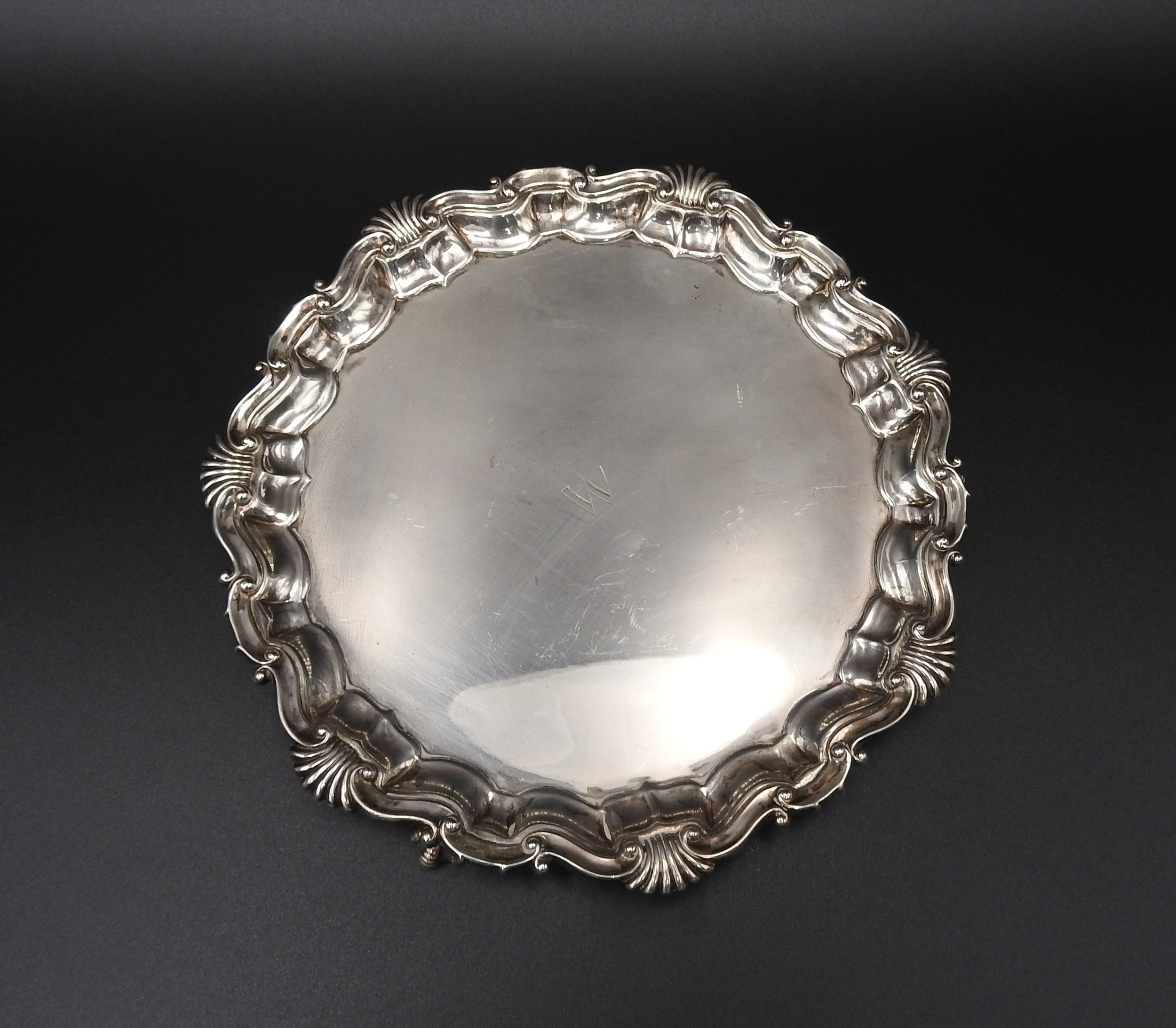 A SILVER SALVER, with Acanthus shell-scroll border, on three claw feet, London 1889, maker's stamp - Image 2 of 3
