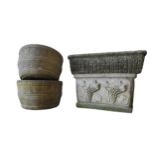 A PAIR OF RECONSTITUTED STONE BARREL STYLE GARDEN TUBS AND TWO TROUGHS, the deeper trough