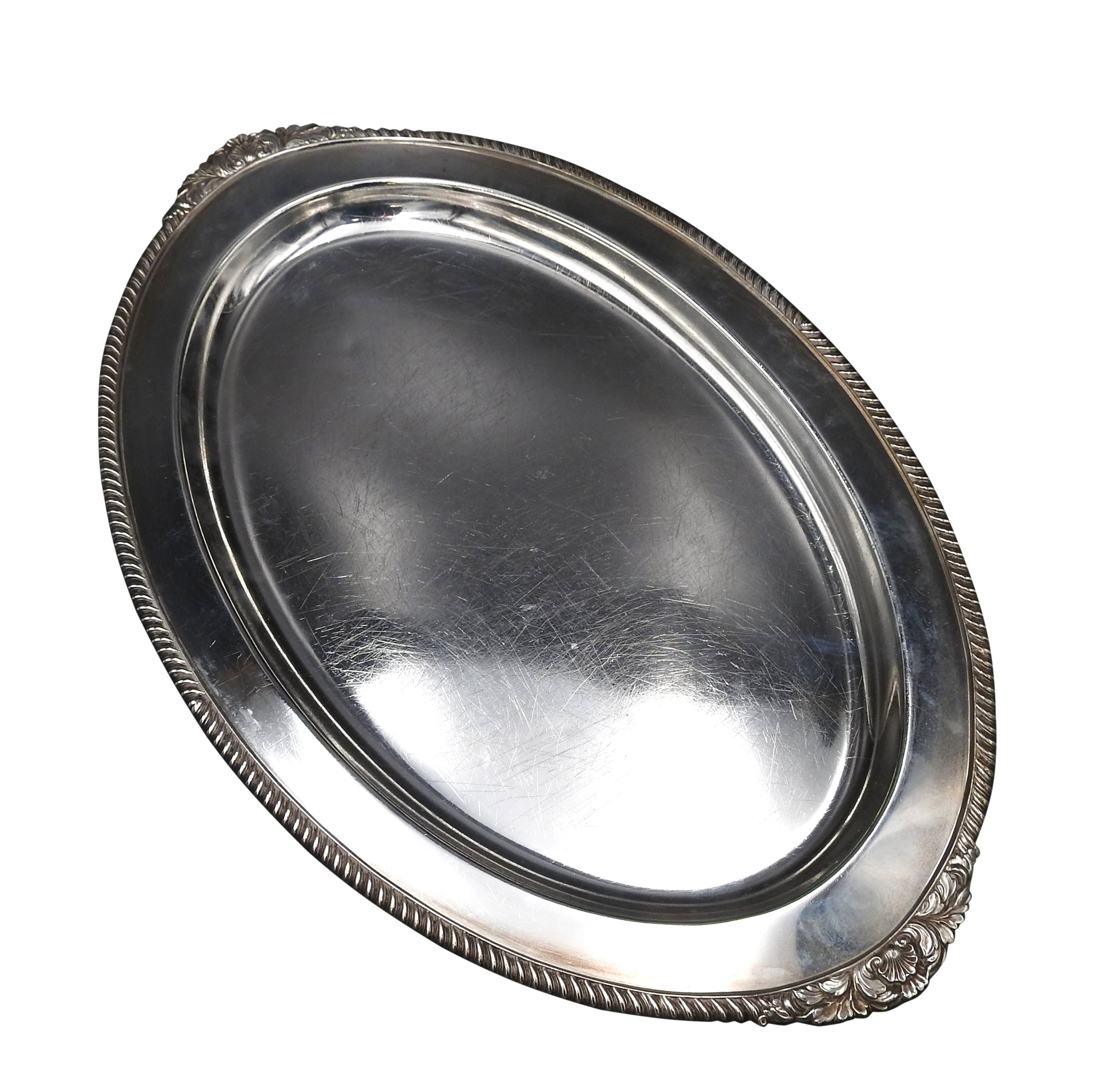 AN AMERICAN OVAL STERLING SILVER SEVING PLATTER, with Acanthus decoration to the ends, stamped '