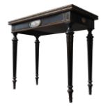 A VICTORIAN EBONISED FOLDING CARD TABLE, decorated with brass inlay, gilt metal mounts and three