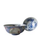 PAIR OF BLUE-GROUND FAMILLE ROSE SCRAFFITO 'MEDALLION' BOWLS with apocryphal Daoguang blue seal