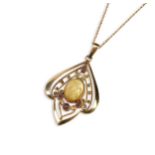 A GERMAN GOLD PLATED ART NOUVEAU PENDANT ON CHAIN Set with pink and yellow stones. The pendant of