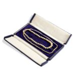 A STRING OF SIMULATED PEARLS Necklace length 67cm, 9ct gold clasp. Weight 27gms. Boxed