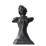 A VINTAGE ART NOUVEAU CAST LEAD BUST OF MAIDEN, entitled 'Marguerite', 25 cm high